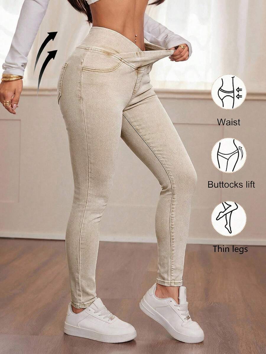 SHEIN PETITE Women's Fall Autumn Winter Back To School Homecoming Halloween Christmas Y2k Cute Gym Streetwear Birthday Club Airport Women Casual Washed Overlap Waist Slim Fit Blue Jeans High-Waisted Stretchy Skinny Jeans For Women - Perfect Fit For Everyday Wear Casual Blue Denim Skinny Jeans With Soft Fabric And Flattering High-Waist Design - Khaki - View 1