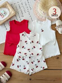 SHEIN 6件/套 女嬰幼兒 0-3歲 可愛夏季度假 白色與紅色 柔軟波浪針織面料 無袖上衣T恤 & 短褲套裝 - 彩色 - 查看 6