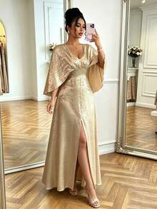 Elenzga Đầm dạ hội thanh lịch thiết kế sang trọng tối giản hở lưng tay cánh dơi xếp ly mới cho nữ - Vàng - Xem 3