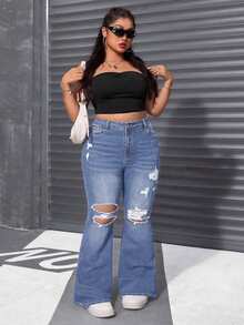 SHEIN ICON 大码女式夏季深蓝色弹力紧身夸张破洞喇叭牛仔裤 - 淺色水洗藍 - 查看 6