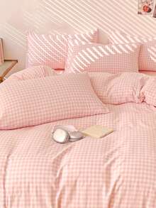 Cirelle 3pcs Pink Checkered Quilt Cover Set – Jacquard Textured Super Soft Polyester Bedding, Breathable & Machine Washable (1 Cover + 2 Pillowcases, No Insert), For Double/Queen/King Bed, Student Dorm & Home - Pink - View 6