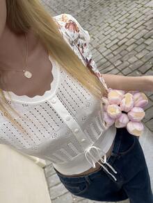 DAZY Women's Solid Color Single-Breasted Button Design Casual French Knit Top, Spring Summer Day Party White Vacation - White - View 1
