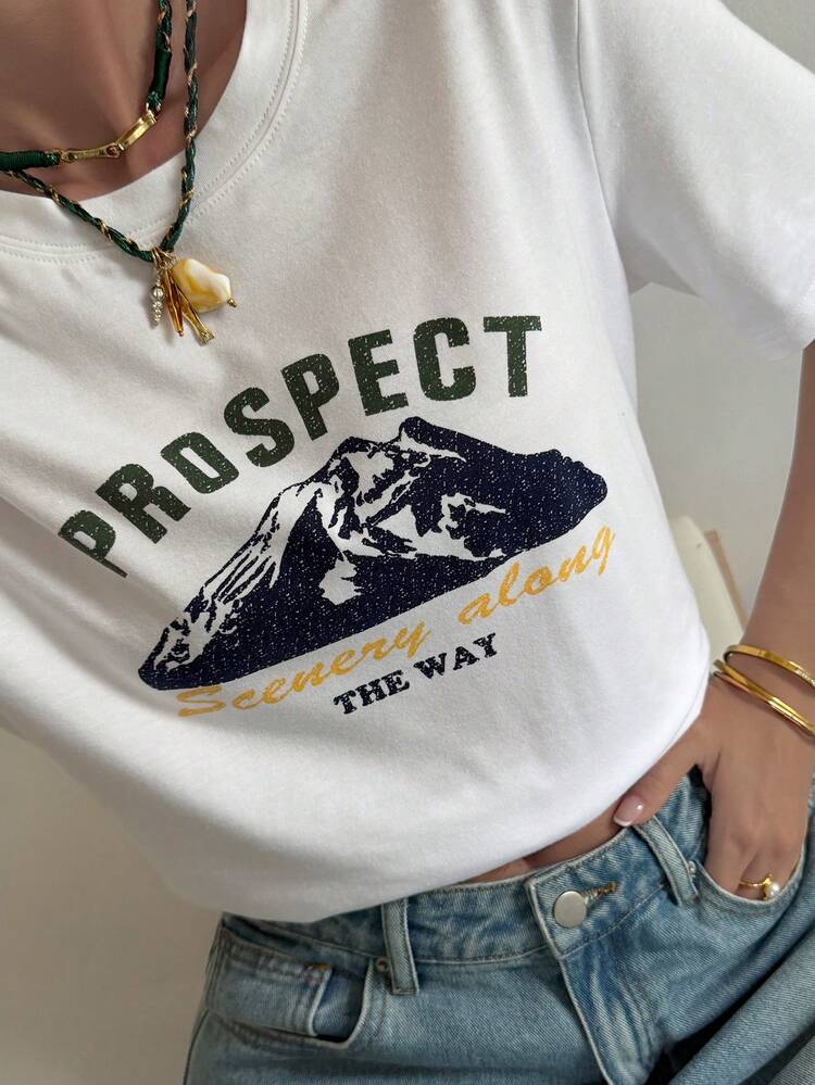 Women's Casual Letter & Mountain Print Round Neck Short Sleeve T-Shirt, Spring/Summer