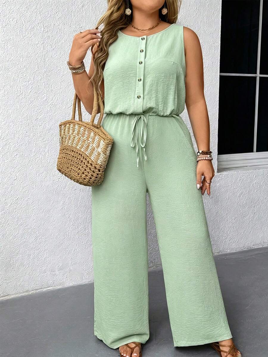SHEIN Tall CURVE Plus Size Women Sleeveless Jumpsuit With Copper Embroidered Floral Collar And Waist Design - Mint Green - View 1