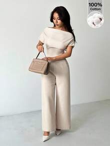 SHEIN PETITE Bộ đồ nữ mùa hè mới về, kiểu dáng đơn giản, thanh lịch, thường ngày, chất liệu vải lanh, gồm áo sơ mi cổ rộng, trễ vai và quần ống rộng. - Màu be - Xem 5