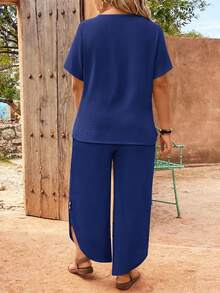 EMERY ROSE Plus Size Women's Solid Color Short Sleeve Top And Pants Casual Smart Casual 2-Piece Set Vacation Royal Blue Summer - Royal Blue - View 2