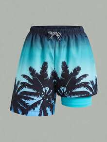 SHEIN 1pc Tween Boy Casual Sports Vacation With Full Coconut Tree Pattern Fake Two-Piece Beach Pants Suitable For And Travel Spring Summer Seasons - Green - View 5