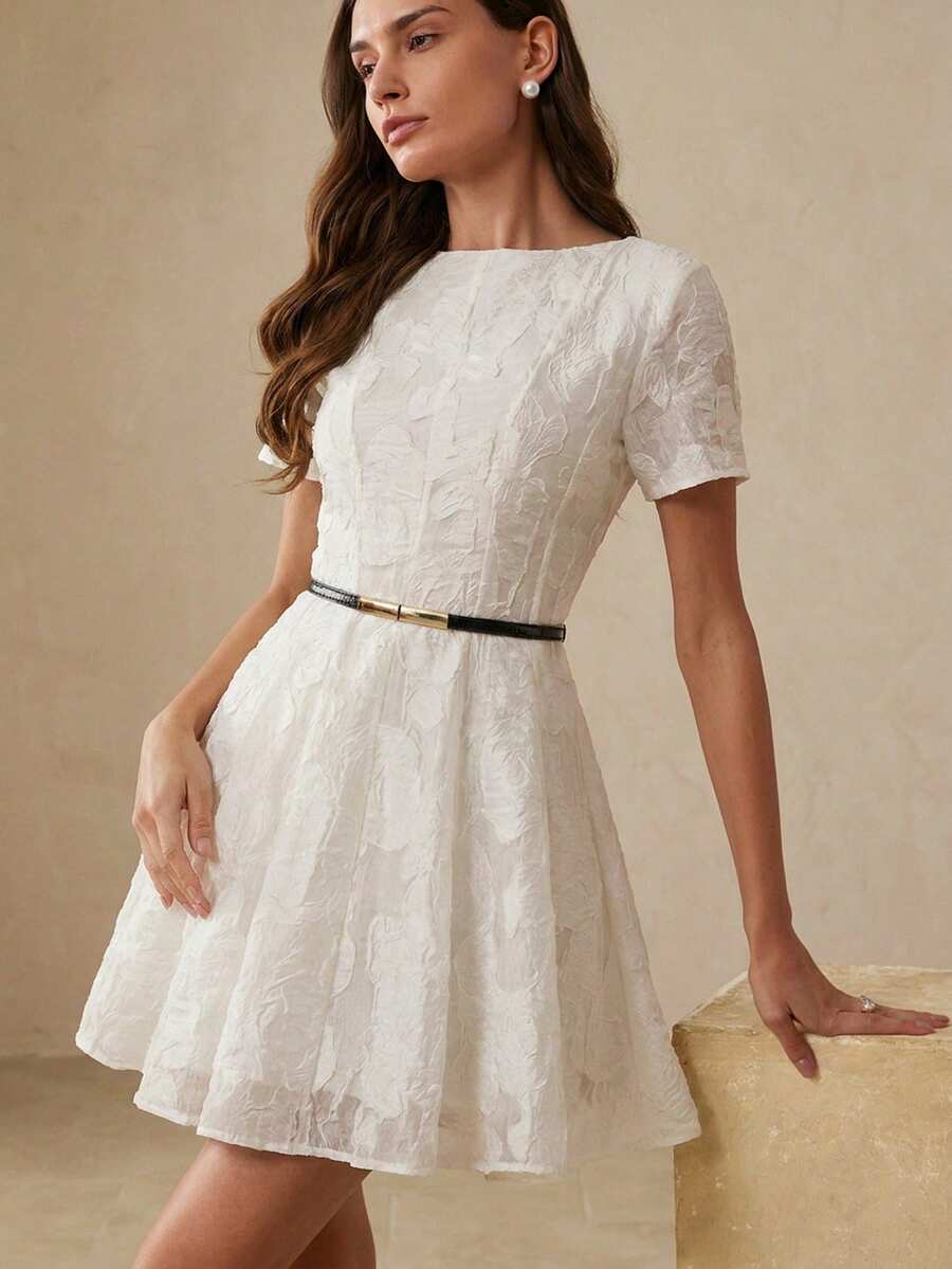 BELROSIE Elegant Cutout Rose Floral Wavy Hem Fitted Short Sleeve Dress For Women Party White Summer - Apricot - View 1