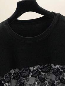 Lacomfia Round Neck Lace Trim Short Sleeve T-Shirt, Spring/Summer - Light Grey - View 4