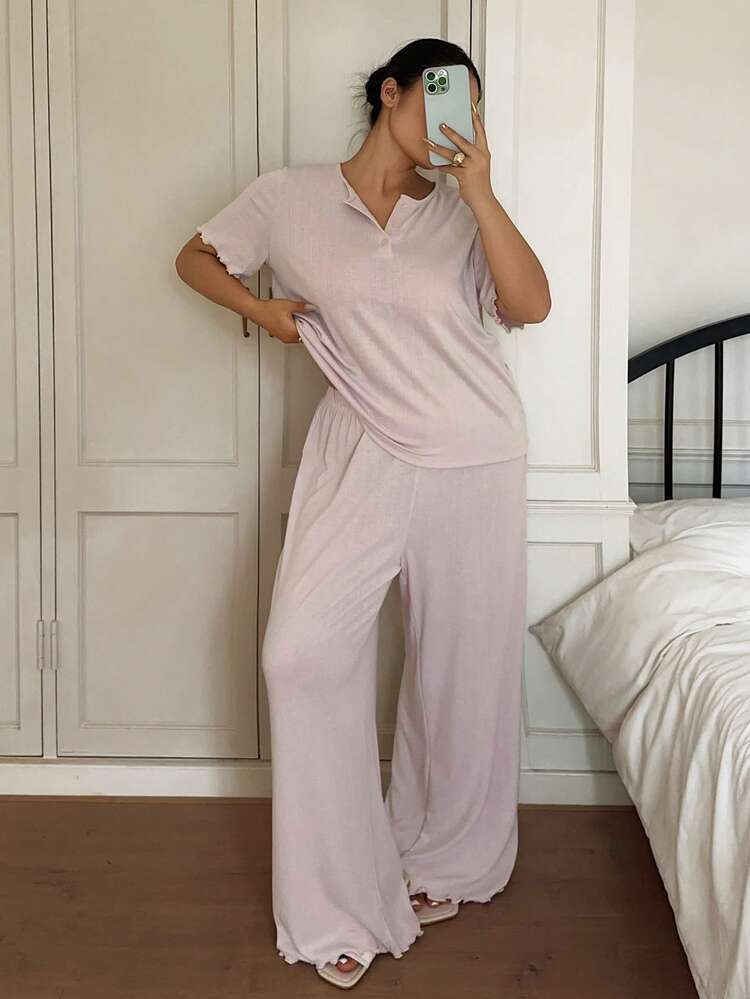 Dazy Plus 2pcs/Set Solid Color Loose Casual Pajamas, Short Sleeve Top And Long Pants, Plus Size Women Spring/Summer Sleepwear Set, Pink
