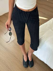 SHEIN EZwear 女士黑色条纹修身七分裤 - 黑色 - 查看 7