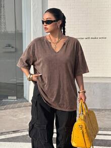 Muchica Plus Size Vintage Chocolate Brown Loose Short Sleeve V-Neck T-Shirt, Cotton Fabric, Spring/Summer - Chocolate Brown - View 7
