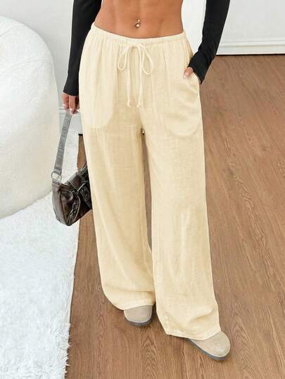 SHEIN PETITE Quần dài nữ màu đen trơn, chất liệu vải lanh, cạp thấp, ống đứng, kiểu dáng thường ngày, phù hợp với người có vóc dáng thấp, thích hợp cho mùa hè và mùa thu.