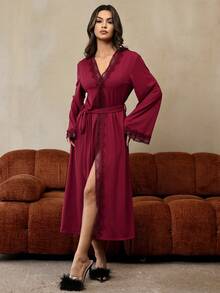 HautHeat Women's Solid Color Minimalist Long Sleeve Robe, Casual Loungewear - Burgundy - View 4