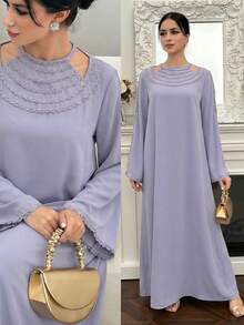 Yasmyna Women's Elegant Shoulder Cutout Flare Sleeve Contrast Lace Loose Arabic Style Dress - Purple - View 1