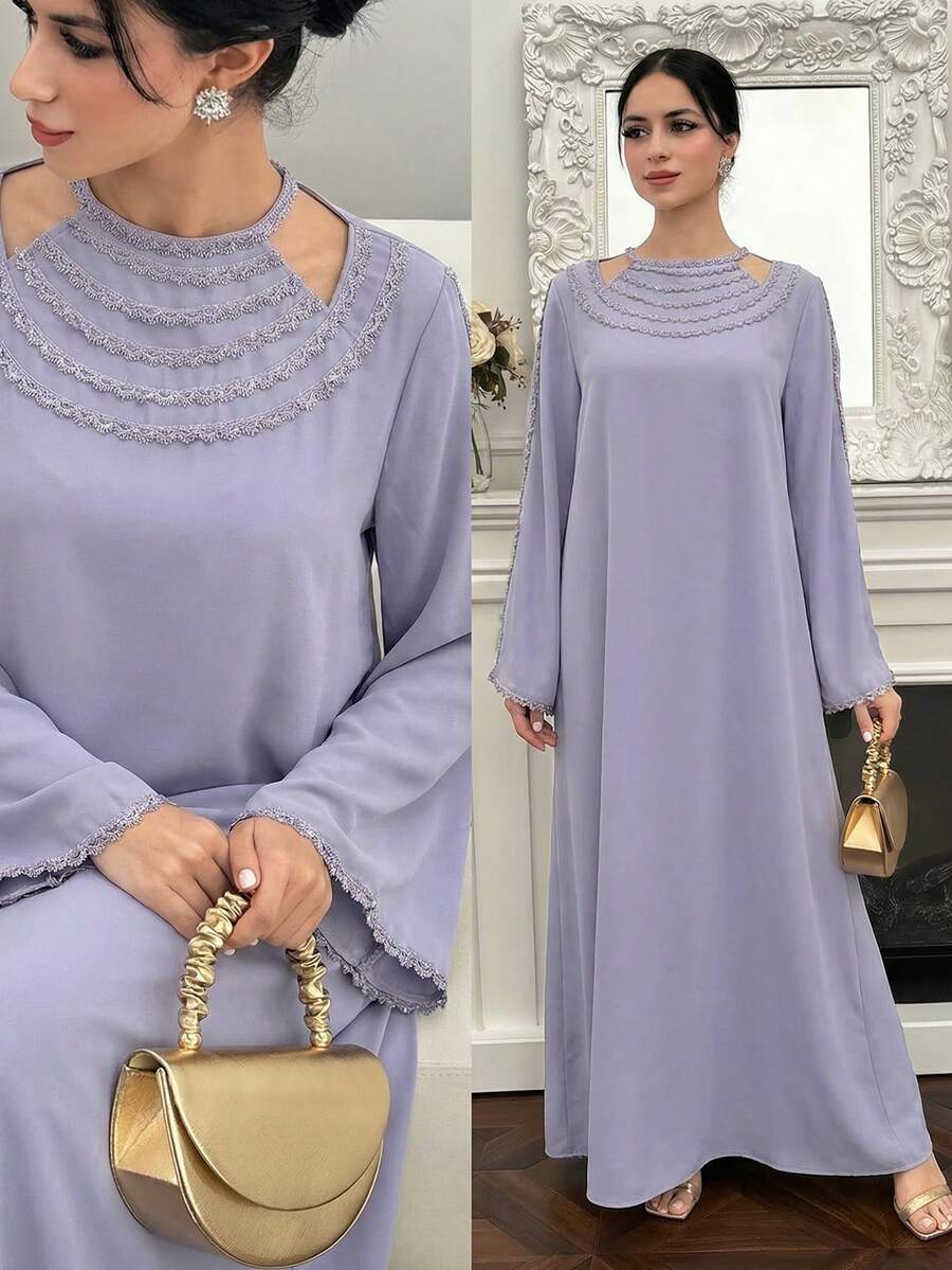 Yasmyna Women's Elegant Shoulder Cutout Flare Sleeve Contrast Lace Loose Arabic Style Dress - Purple - View 1