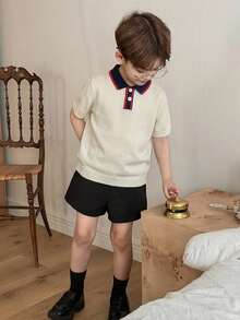 DAZY Young Boy Colorblock Polo Collar Short Sleeve Casual Sweater Summer - Apricot - View 6