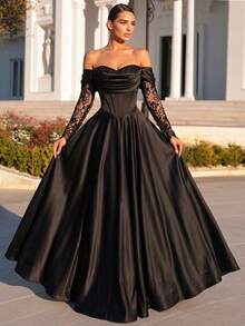 Glamrae Elegantes, luxuriöses Satin Puffkleid mit Spitzenbesatz, schulterfreiem, transparentem Kurzarm, geeignet für Hochzeiten, Partys, Dates, Galas (reich verziert) - Schwarz - Übersicht 5