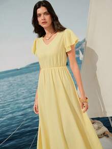 Rafferiza Women's V-Neck Ruffle Sleeve Cinched Waist Pleated Flare Dress, Casual Vacation Style, Light Yellow, Spring/Summer - Light Yellow - View 7