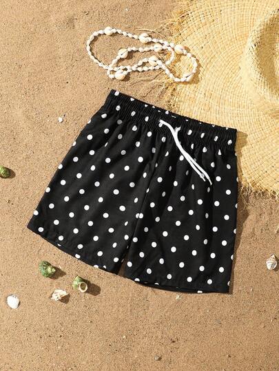 SHEIN Young Boys Swimwear, Classic Black And White Polka Dot Style Beach Shorts, With Adjustable Drawstring, Suitable For Summer Vacation, Beach Travel And Holiday, Unlocking Summer Fashion