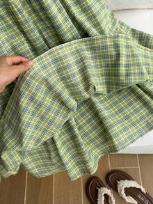 Comfortcana Plus Size Green Plaid A-Line Skirt, Suitable For Spring/Summer Vacation - Green - View 11
