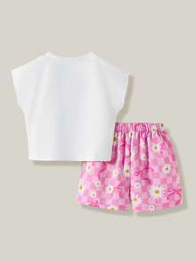 SHEIN Casuvi Kids 女童柠檬印花无袖上衣和花卉蝴蝶结格子短裤两件套，清新舒适的休闲装扮 - 彩色 - 查看 2