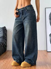 Coolane Quần jeans nữ ống rộng rách gối với túi xéo - Rửa tối - Xem 4