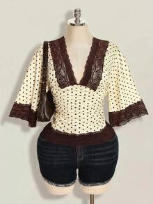 SHEIN ICON 大码 Y2K 休闲波点性感 V 领蕾丝拼接喇叭袖上衣 - 黃色 - 查看 10