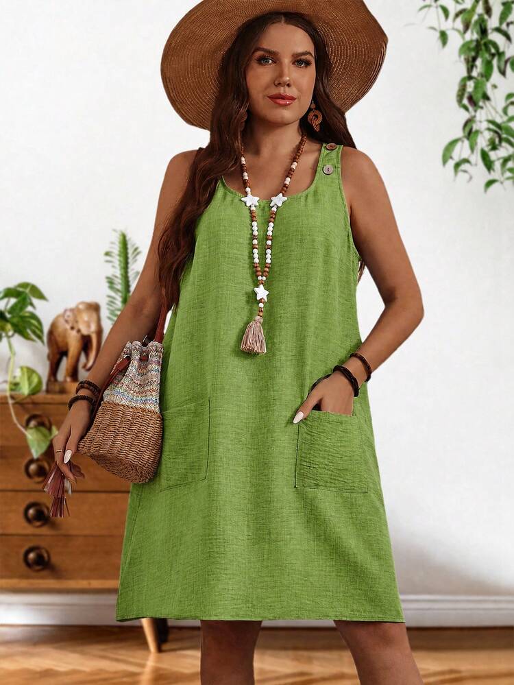 Plus Size Women Green Summer Dress,Plus Size Women Summer Casual Vacation Style Solid Color Scoop Neck Patchwork Pocket Loose Dress,Spring Break Outfits ,Vacation Outfits Women ,Holiday Outfits For Women,Going Out Outfits,New Clothes,Simple And Fashionable For Everyday Wear, Brown Sundress, Green Summer Dress, Summer Dress With Pocket