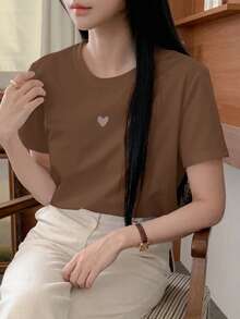 DAZY Women Solid Color Heart Hollow Out Round Neck Short Sleeve Casual T-Shirt - Coffee Brown - View 4