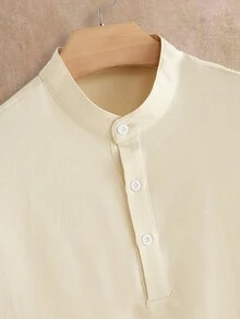 HIMLAND 男士纯色纽扣设计休闲短袖衬衫 - 卡其色 - 查看 6