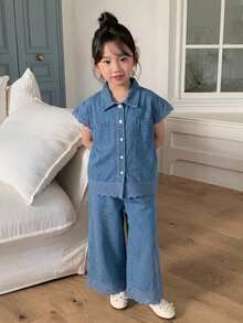 DAZY 女童蕾絲拼接韓風牛仔襯衫與寬鬆牛仔短褲兩件套 夏季 - 淺色水洗藍 - 查看 6