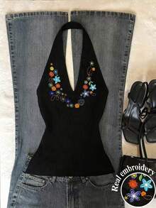 Glimmora Women's Fashionable Floral Embroidery Halter Top, Versatile For Vacation, Beach, And Dates - Black - View 4