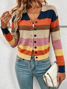 SHEIN Frenchy Cárdigan ligero de rayas tejidas de colores minimalista y casual para mujer, de estilo versátil adecuado para primavera/verano, uso diario, citas, fiestas, playa, graduación, moda, elegante, casual, salidas, citas, viajes, vacaciones, Y2K - Multicolor - Ver 3