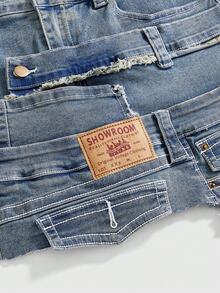 ROMWE Avant Plus Size Women Y2K Retro Punk Metal Decor Super Short Denim Shorts - Blue - View 4