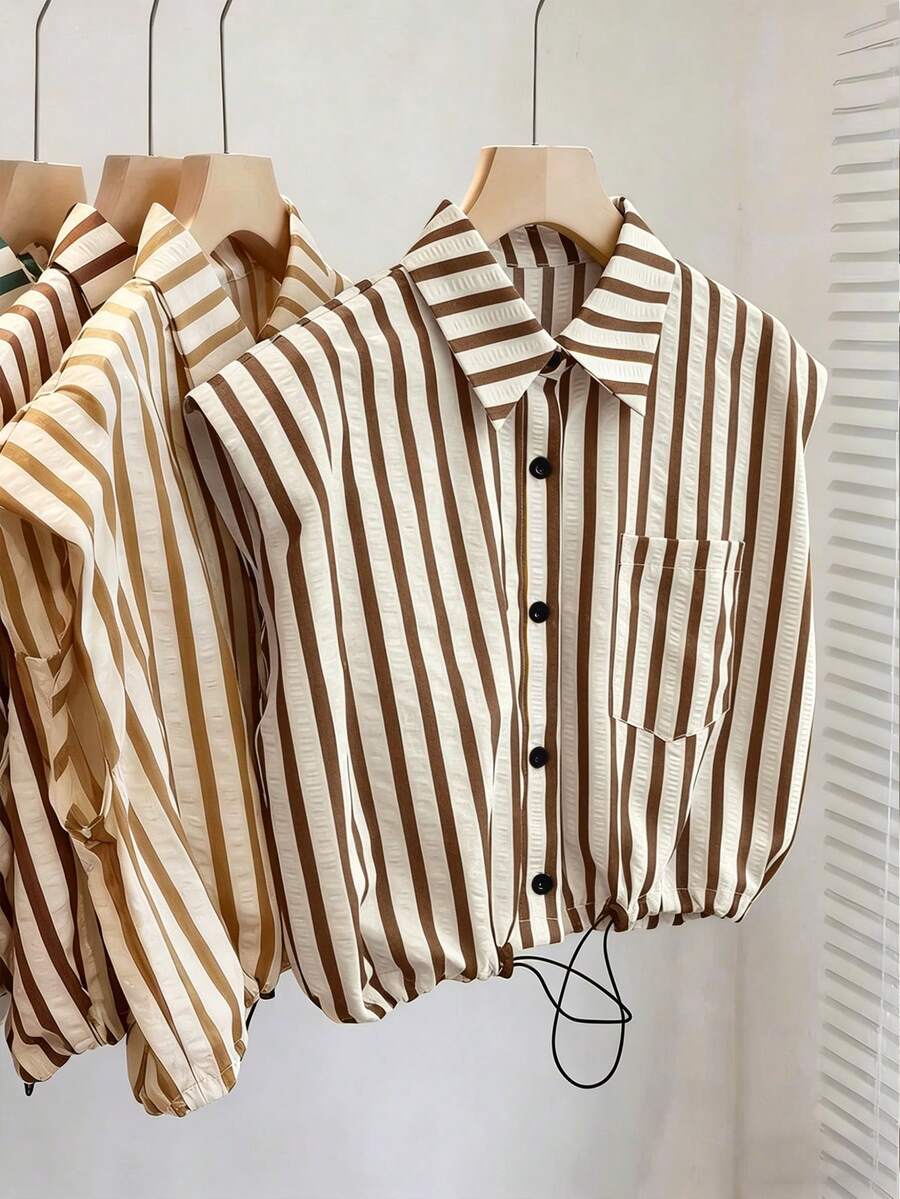 Resyla Striped Collar Cinched Waist Shirt - Coffee Brown - View 1