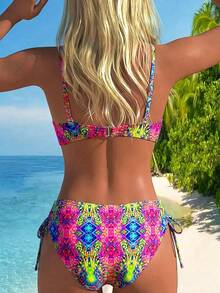 Swim Lushoire Women's Summer Beach Vacation Retro Print Gathered Underwire Bikini Set Top Paired With High Waist Drawstring Swim Shorts Bikini Set - Multicolor - View 2
