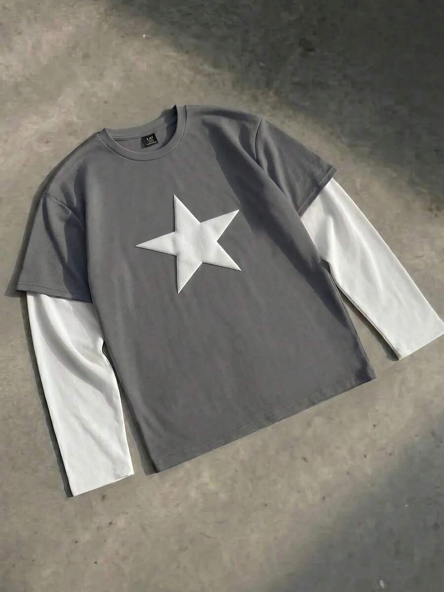 SWAVVY Men's Casual Star Print Round Neck Long Sleeve T-Shirt, Suitable For Spring And Autumn - Black - View 1