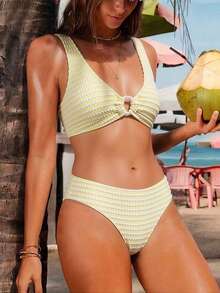 Swim Vcay Women's Striped Contrast Color Ring Buckle Bikini Set, Swimwear - Yellow - View 4