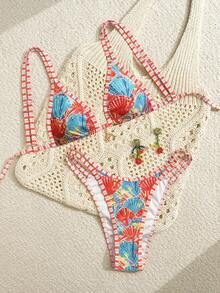 Swim Vcay Spring/Summer Fashion Hot-Selling Printed Striped Lace Design Beach Bikini Set - Multicolor - View 4
