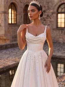 Glamrae Elegant Luxurious Satin Ruffle Collar Design Extra-Large Hem Suitable For Wedding, Singles Party, Vacation, Ball, Holiday, Honeymoon Bridal Gown - White - View 6