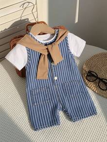 SHEIN Little Byeori Baby Boy Sleeveless Denim Romper, Navy Blue & White Striped - Medium Wash - View 3