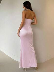 Aloruh Đầm dài nữ kiểu dáng mới, không dây vai, phối satin, màu đen trơn, đầm dự tiệc thanh lịch, đầm dự tiệc trang trọng. - Hồng - Xem 2