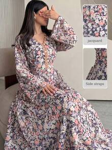 Yasmyna Women's Spring/Summer Woven Digital Printed Long Sleeve Embroidered Ruffle Drawstring Waist A-Line Elegant Romantic Arabic Dress Elegant Dress - Multicolor - View 1
