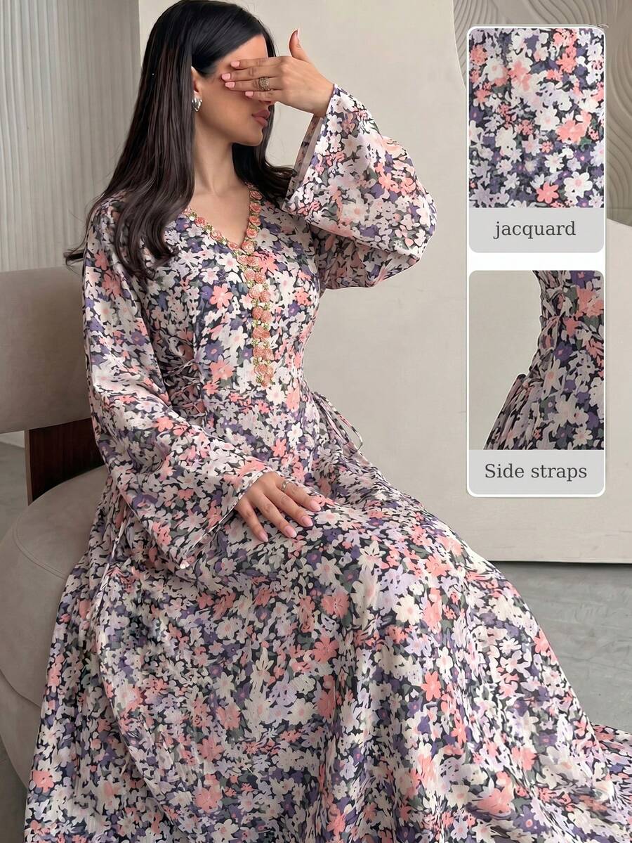 Yasmyna Women's Spring/Summer Woven Digital Printed Long Sleeve Embroidered Ruffle Drawstring Waist A-Line Elegant Romantic Arabic Dress Elegant Dress - Multicolor - View 1