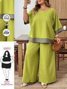 SHEIN CURVE+ 大尺碼女款橄欖綠兩件套，拼色3/4袖上衣與寬腿長褲，休閒時尚日常夏季穿搭，工作制服，度假穿著 - 綠色 - 查看 2