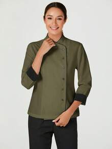 TaskEZ Women's Contrast Color Button-Up Collar Long Sleeve Work Uniform Chef Jacket In 3- 4th Sleeve For Women - Army Green - View 1