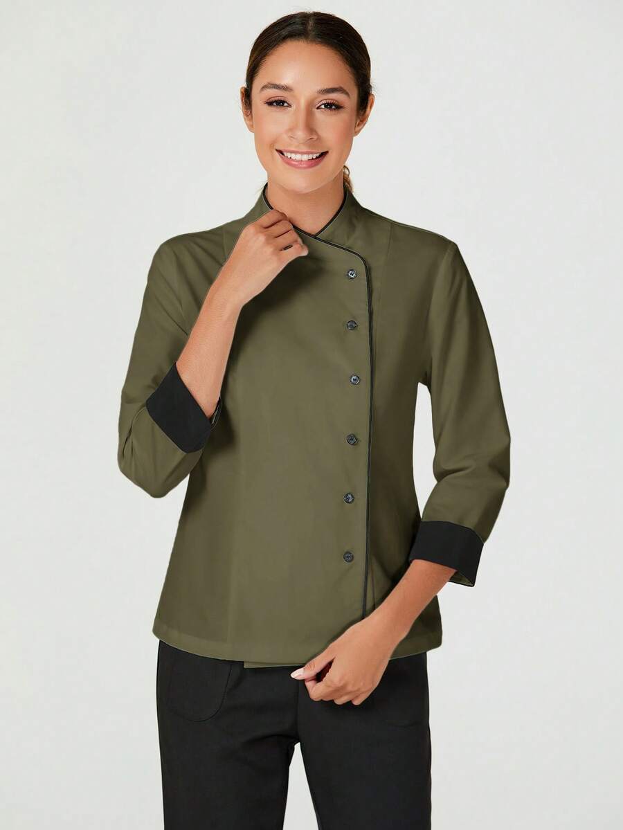 TaskEZ Women's Contrast Color Button-Up Collar Long Sleeve Work Uniform Chef Jacket In 3- 4th Sleeve For Women - Army Green - View 1