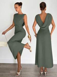 Siren Gaze Vestido con cintura plisada para mujer, vestido con escote pronunciado y espalda descubierta, vestido de oficina elegante y sexy, vestido de vacaciones, único y de moda, para oficina, elegante, sexy, vacaciones, playa, Hawái, temporada de bodas, vestido de graduación, vestido de gala formal para mujer, vestido de cóctel para mujer, cuello drapeado, vestido de cumpleaños para mujer, vestido de novia para mujer, vestido espalda descubierta - Verde - Ver 1