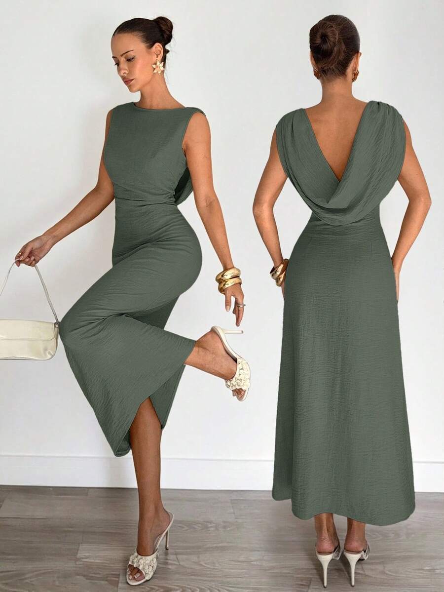 Siren Gaze Vestido con cintura plisada para mujer, vestido con escote pronunciado y espalda descubierta, vestido de oficina elegante y sexy, vestido de vacaciones, único y de moda, para oficina, elegante, sexy, vacaciones, playa, Hawái, temporada de bodas, vestido de graduación, vestido de gala formal para mujer, vestido de cóctel para mujer, cuello drapeado, vestido de cumpleaños para mujer, vestido de novia para mujer, vestido espalda descubierta - Verde - Ver 1